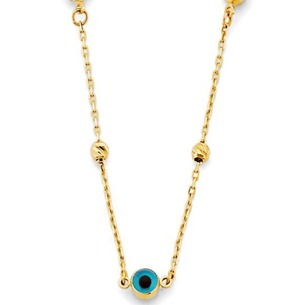 new 14K Yellow gold Sky Blue Color Evil Eye Necklace